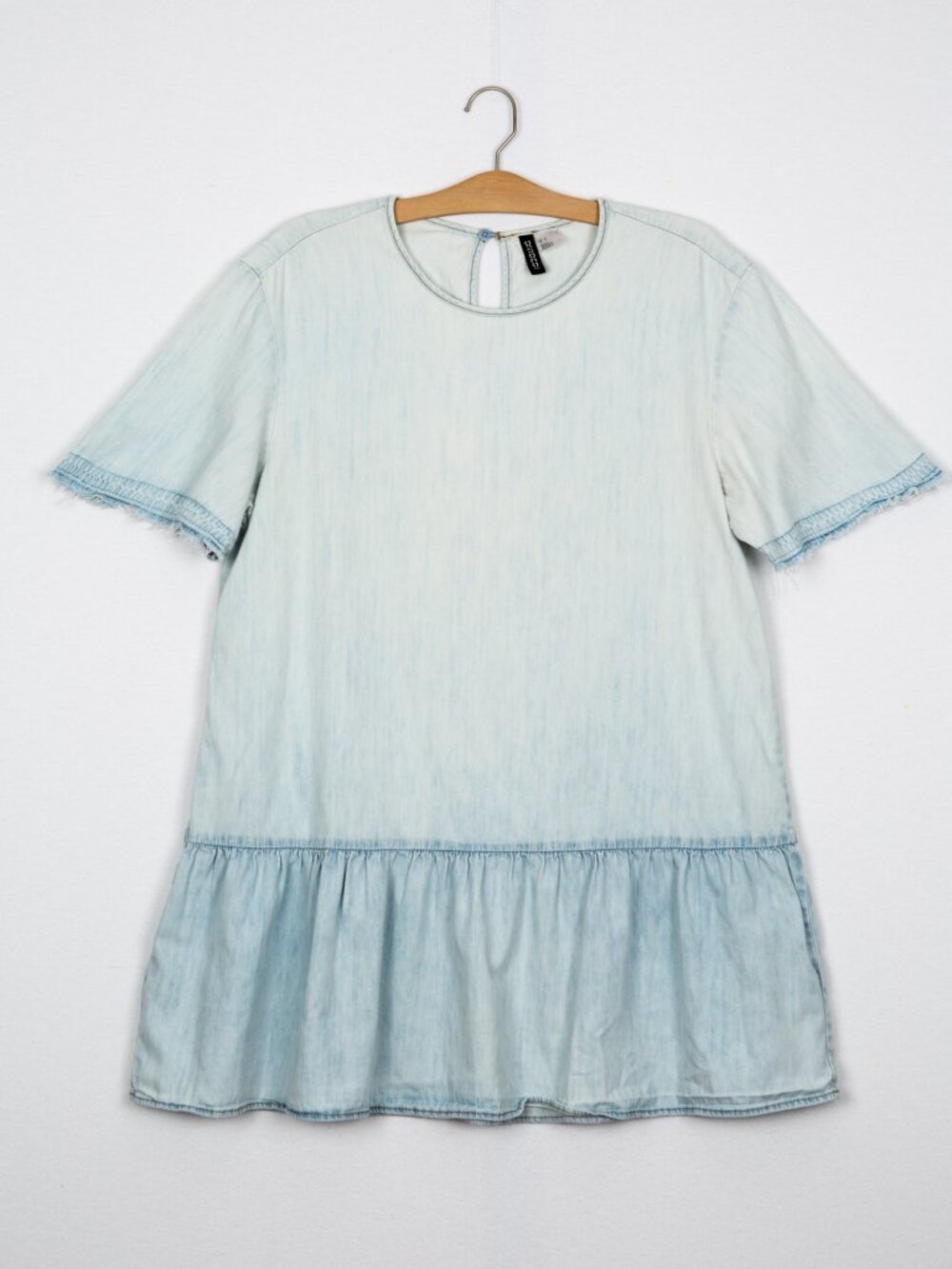 HM Light Wash Distressed Denim Boxy Dress Babydoll Drop Waist Ruffle Tunic Small